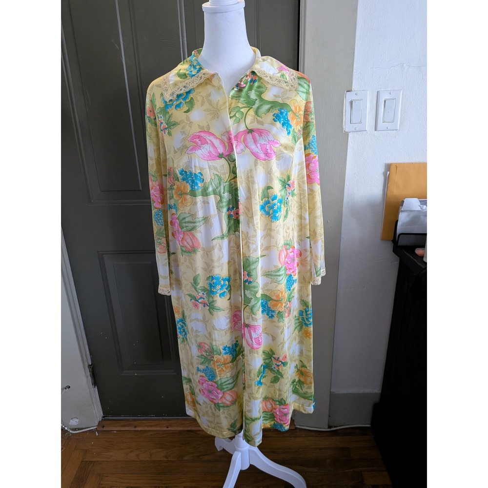 Vtg 70s Vanity Fair Antron III Nylon Floral Maxi Robe Housecoat Lace Sz 32 Small